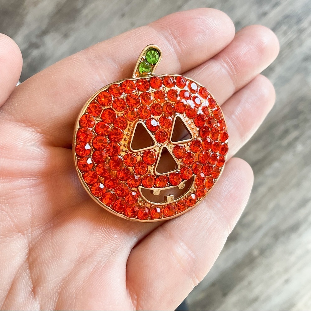 Orange Sparkly Rhinestone Pumpkin Brooch For Halloween - Picture 2 of 5